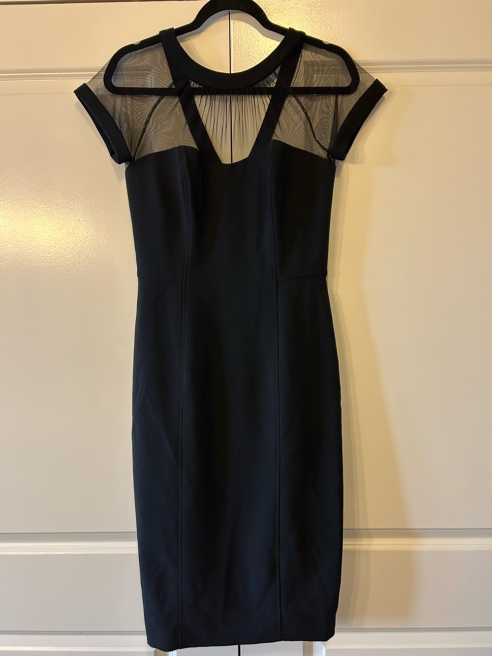 Maggy London Black Mesh Yoke Midi Sheath Dress